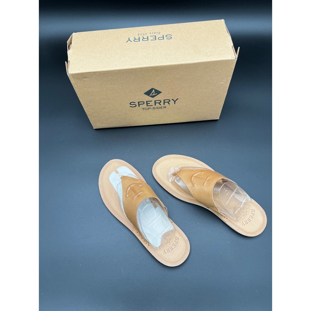 Sperry Top-Sider Womens Tan Leather Anchor Embossed Thong Sandals Size 8.5 NEW